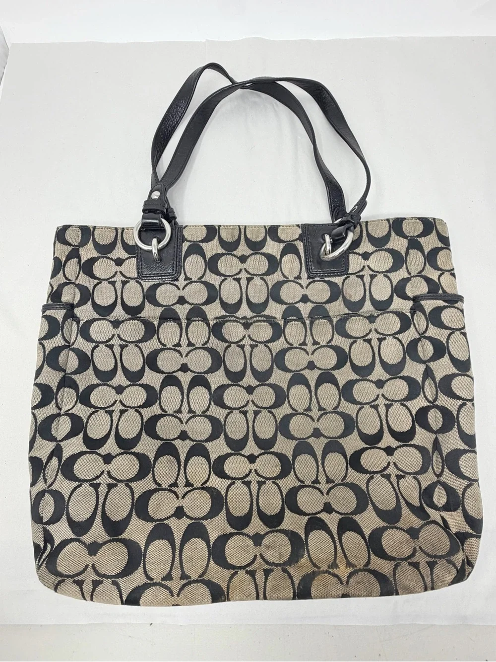 Coach Signature Logo Tote Bag Beige Black Zip Closure Bag Charm Pockets